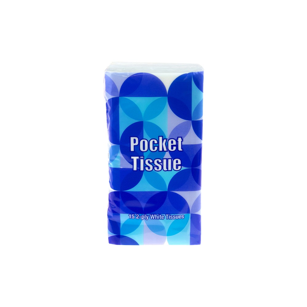Blue and white pack of pocket tissues.