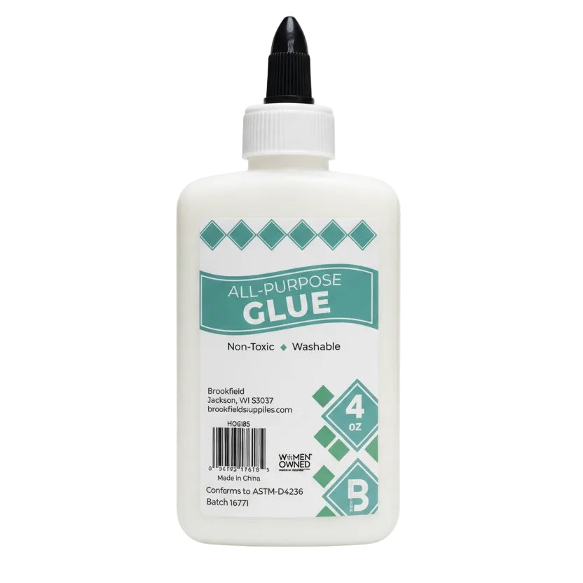 Bottle of all-purpose glue with a white label on a white background