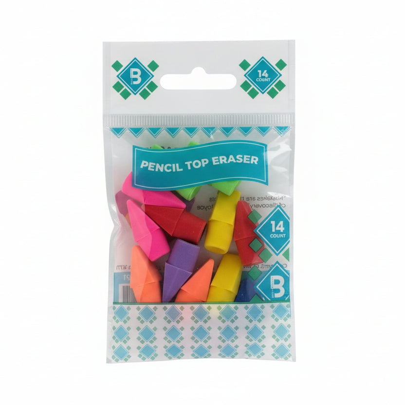 Packaged pencil top erasers in various colors with a visible brand logo.