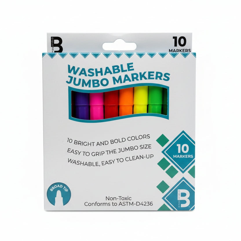 Packaging of washable jumbo markers with colorful caps and barrels on a white background