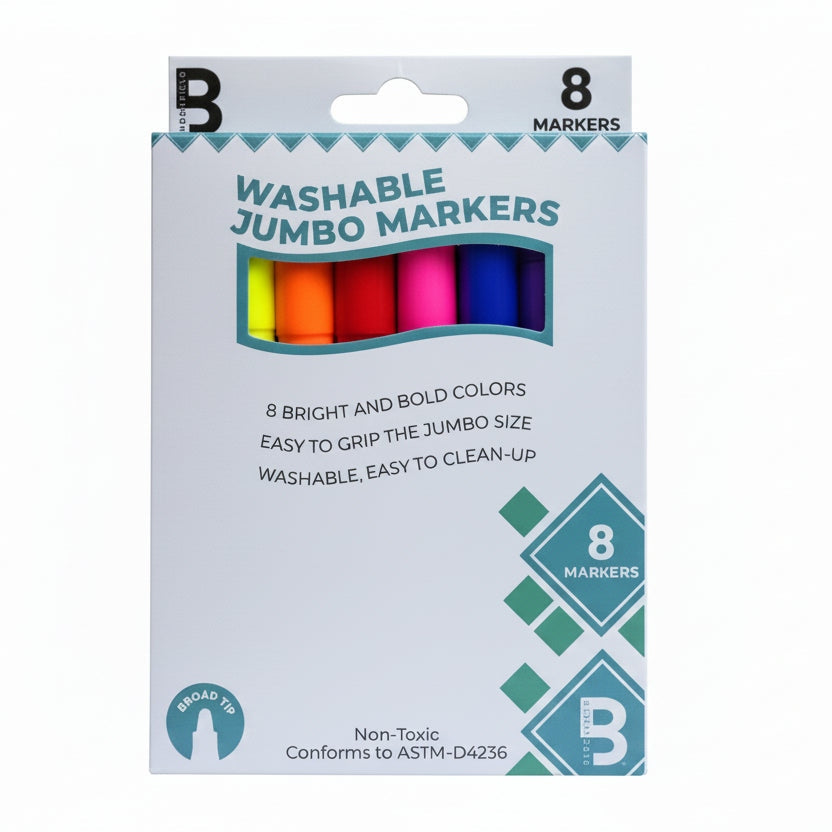 Packaging of washable jumbo markers with colorful caps on a white background