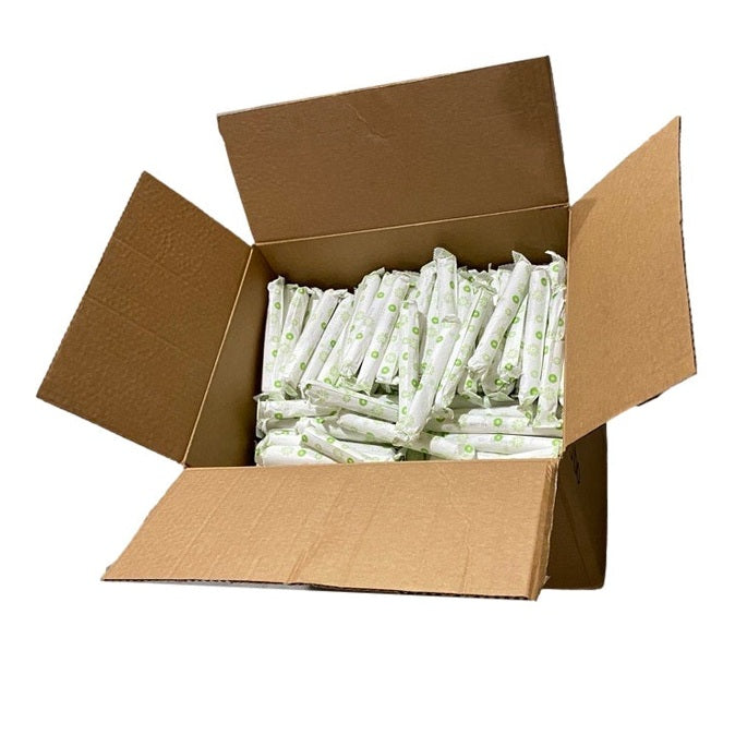 Open cardboard box filled with individually wrapped tampons.