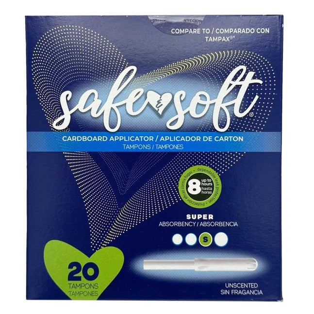 A box of SaferSoft tampons with cardboard applicators.