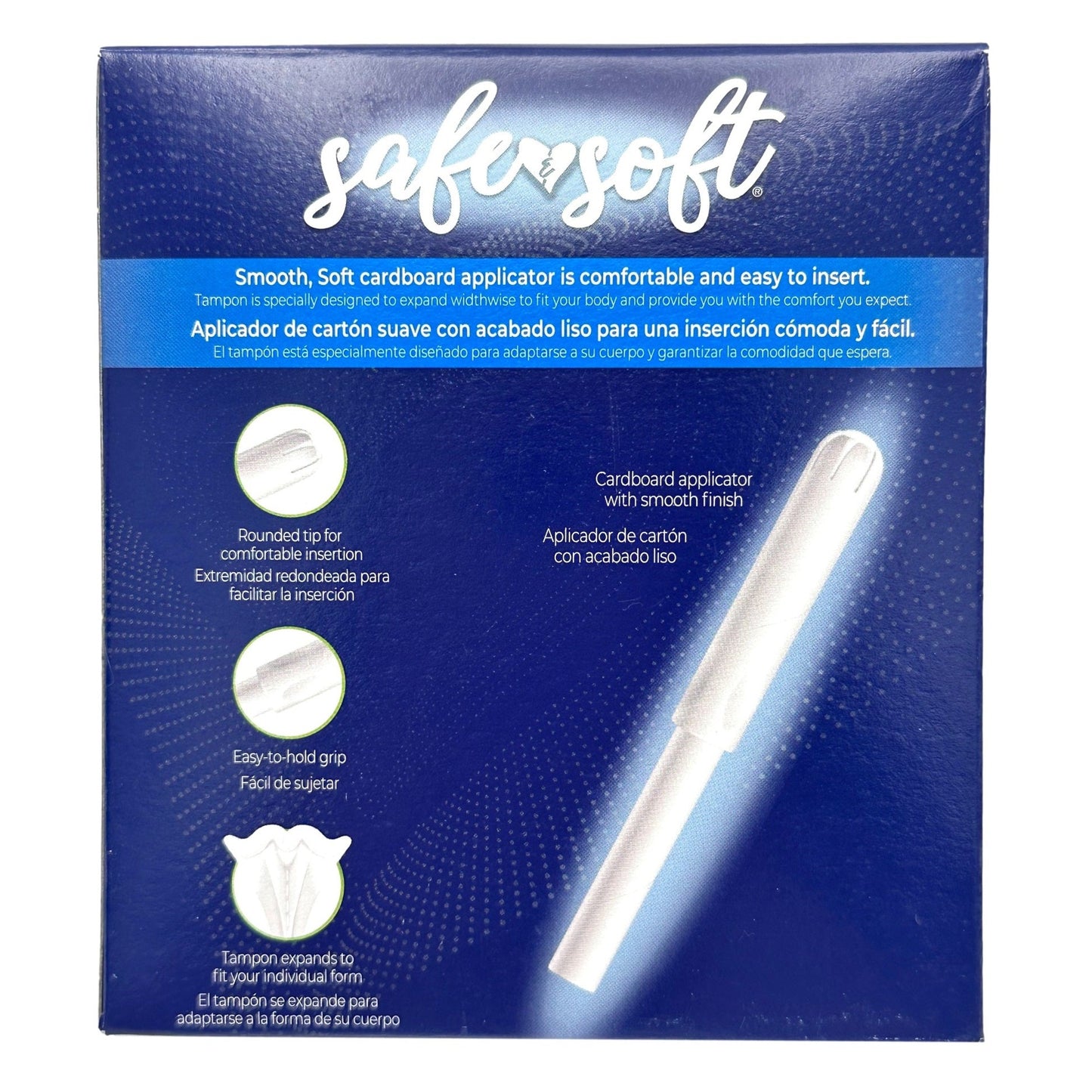 Box of SaferSoft tampons with cardboard applicator.