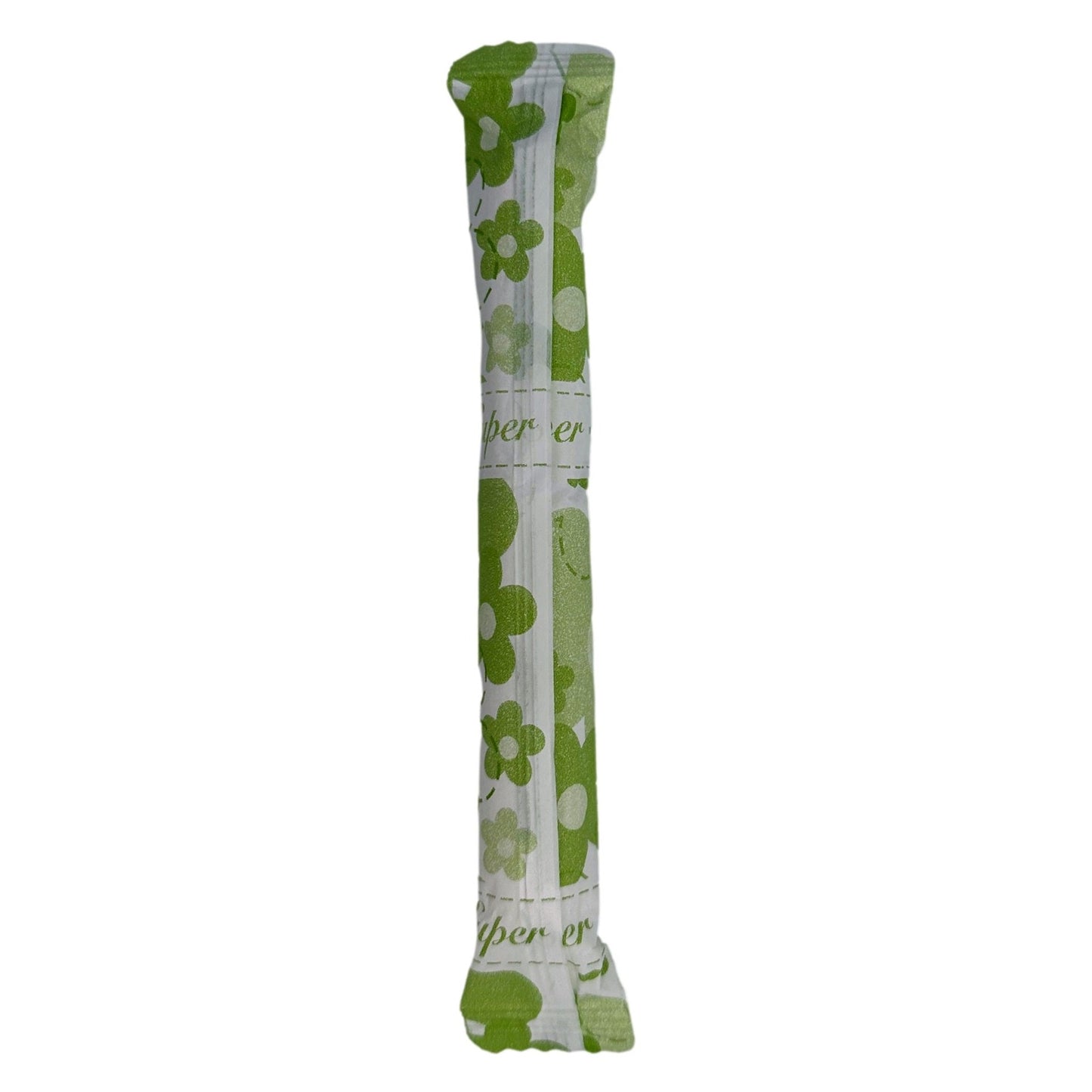 Wrapped tampon with green floral design.