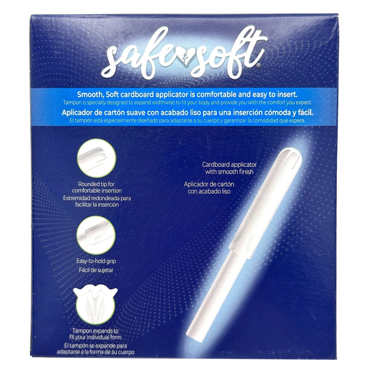 Blue box of SaferSoft tampons with cardboard applicator.