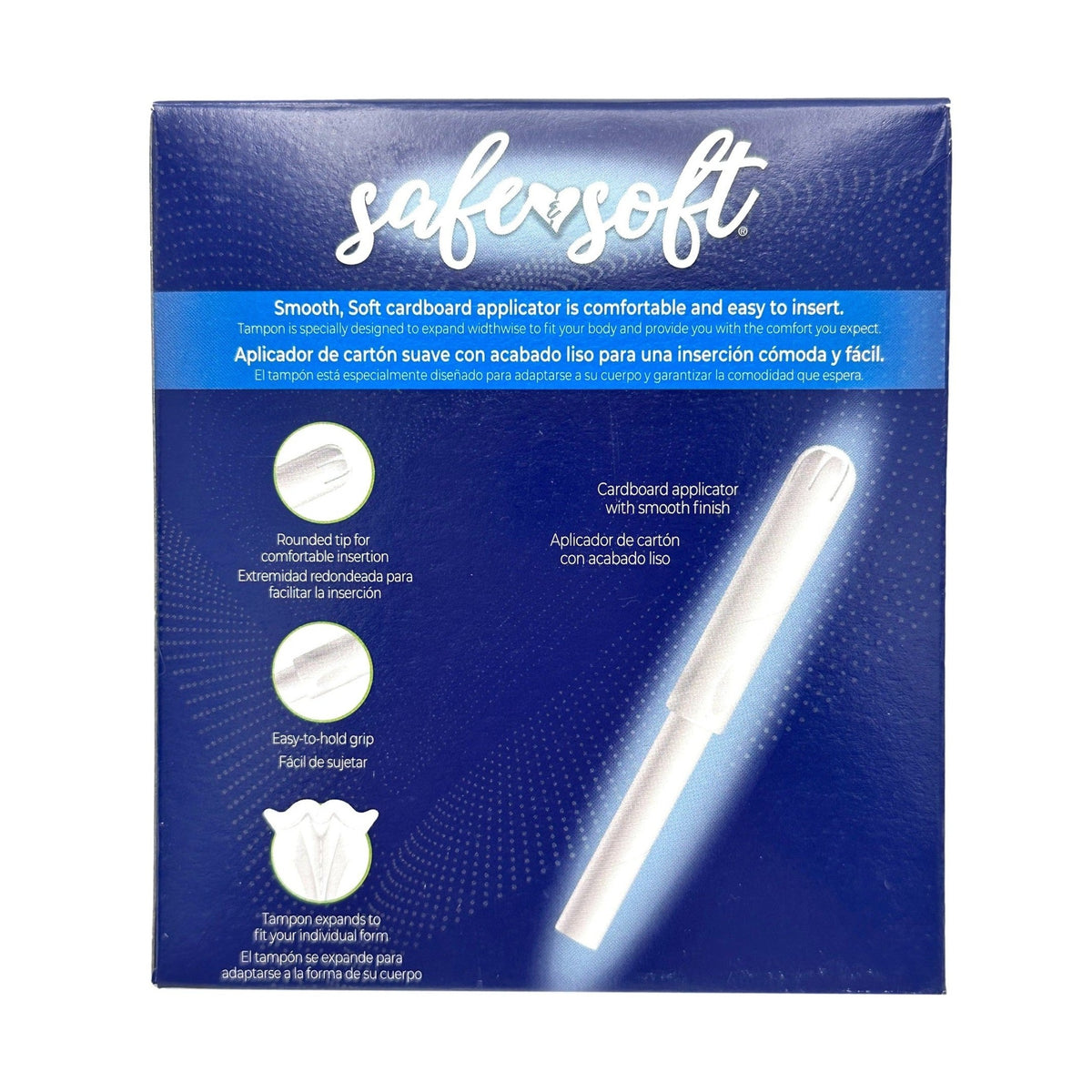 Blue box of SaferSoft tampons with cardboard applicator.
