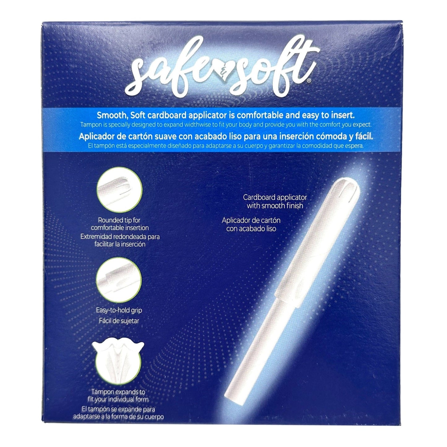 Box of "safersoft" tampons with a cardboard applicator, showcasing rounded tip, smooth finish, and easy-to-hold grip.