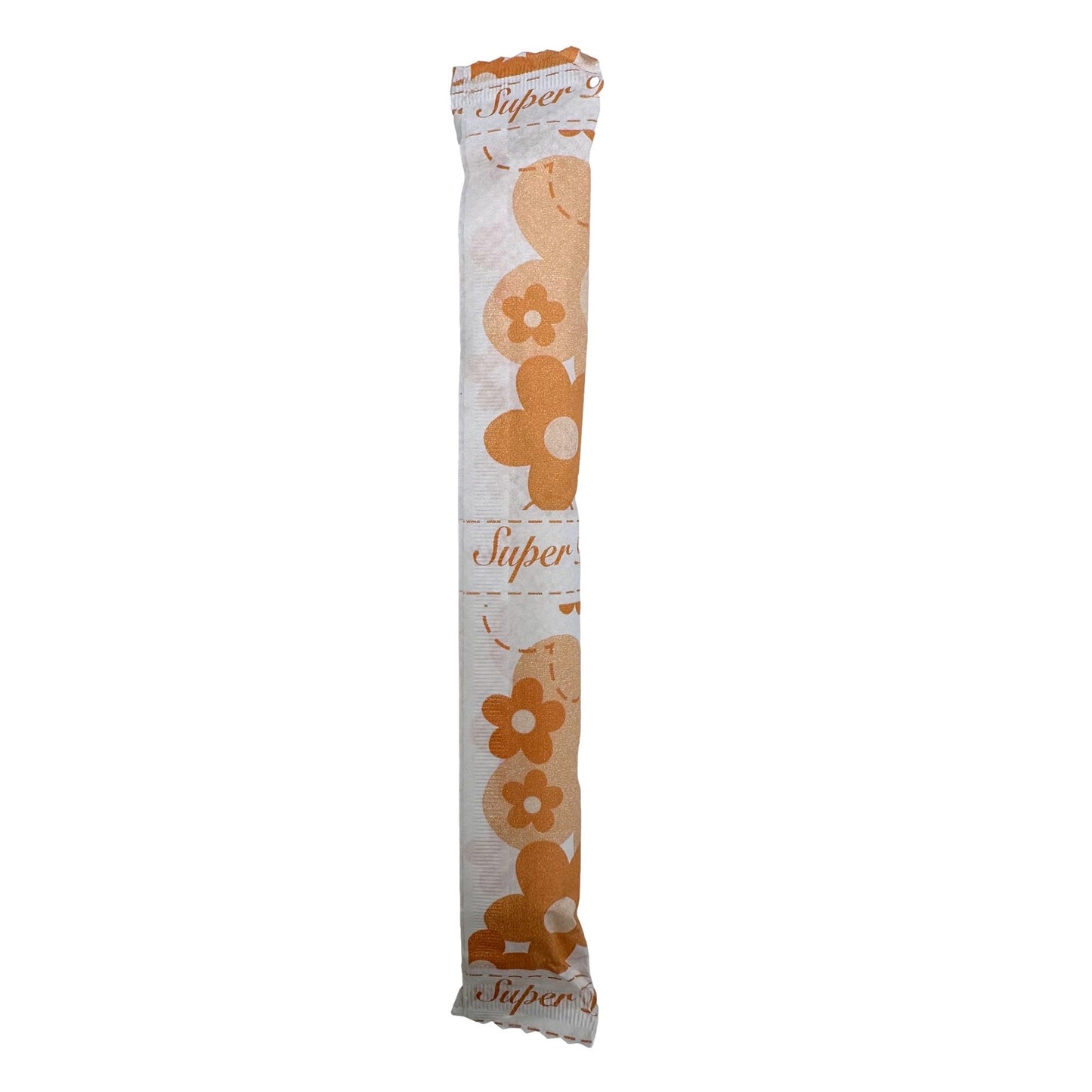 Individually wrapped tampon with flower print.
