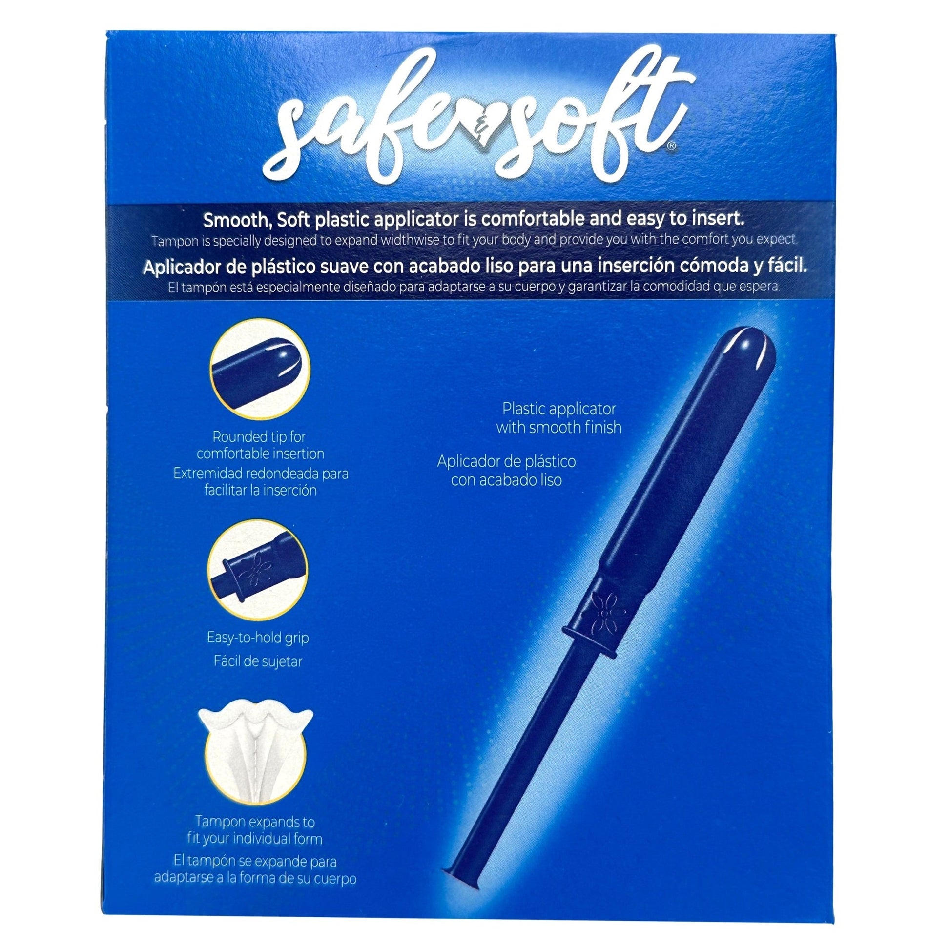 Blue tampon box with a plastic applicator.
