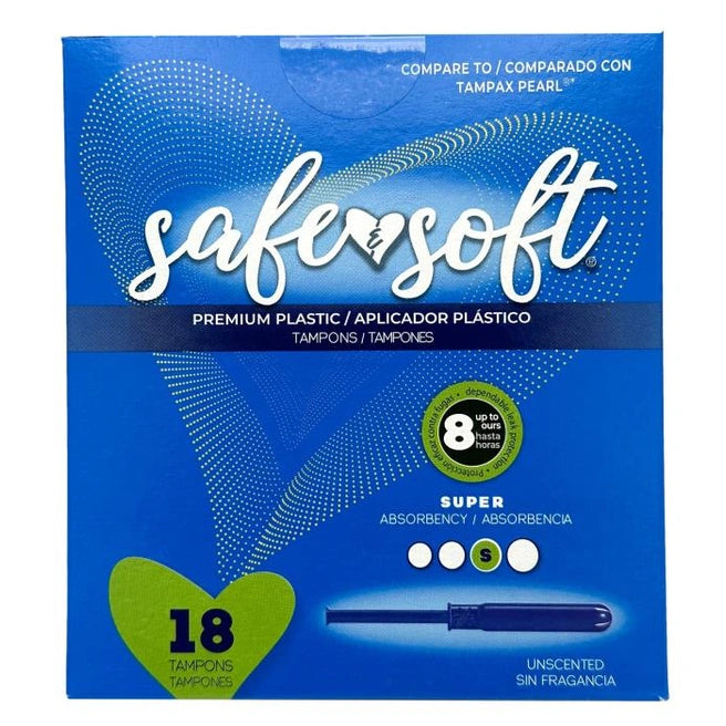 Box of "Safer Soft" tampons.