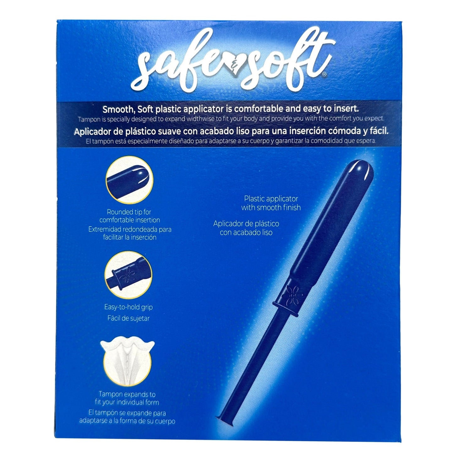 A blue box of safer soft tampons with a plastic applicator and rounded tip.