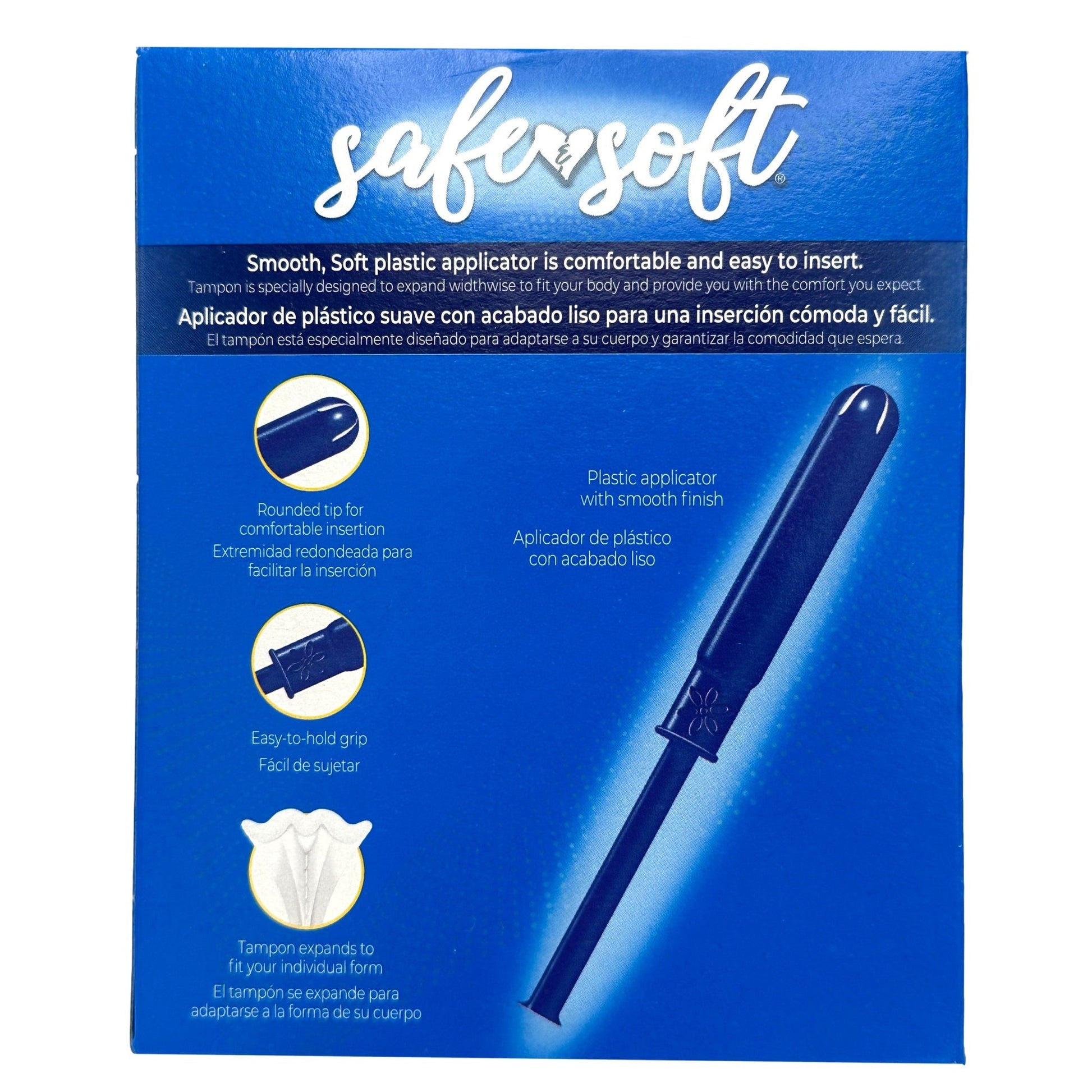 A blue box of safer soft tampons with a plastic applicator and rounded tip.