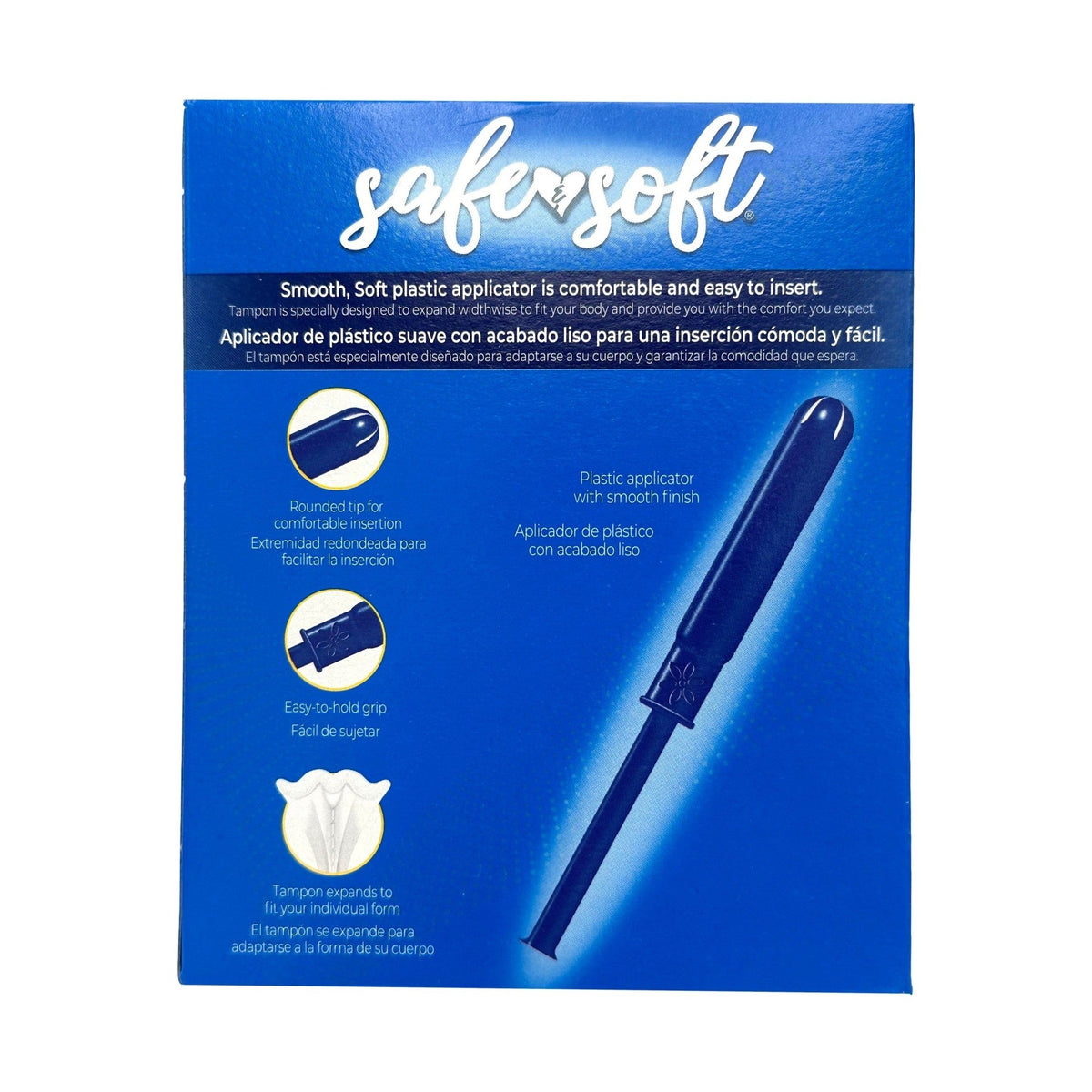 A blue box of safer soft tampons with a plastic applicator and rounded tip.