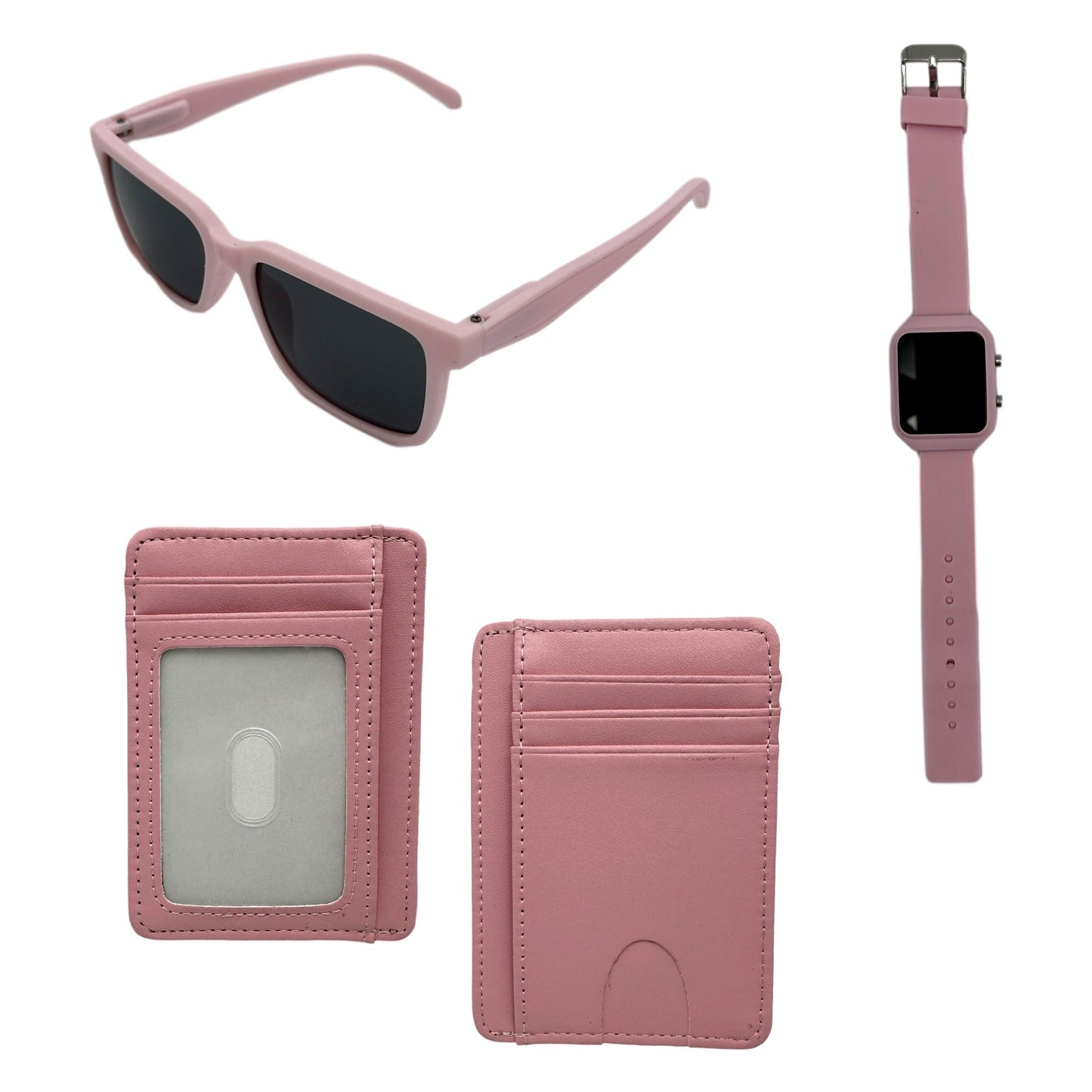 A set of pink accessories: sunglasses, a digital watch, and two cardholders.