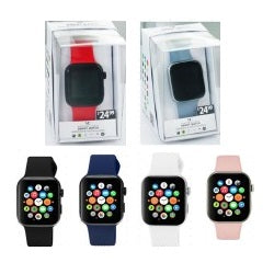 Here are some descriptive alt tags for the product image, focusing on visual details:
* A collection of smartwatches in various colors (black, blue, white, pink) displayed both in packaging and separately.
* Image showcasing four digital smartwatches with colorful application icons on the screen and two watches in their clear plastic packaging (red and blue straps).
* Close-up of smartwatches with square faces and colored bands, presented in and out of packaging.