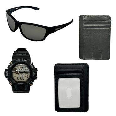 Black sunglasses, wristwatch, and wallets.
