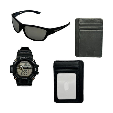 Black sunglasses, wristwatch, and wallets.