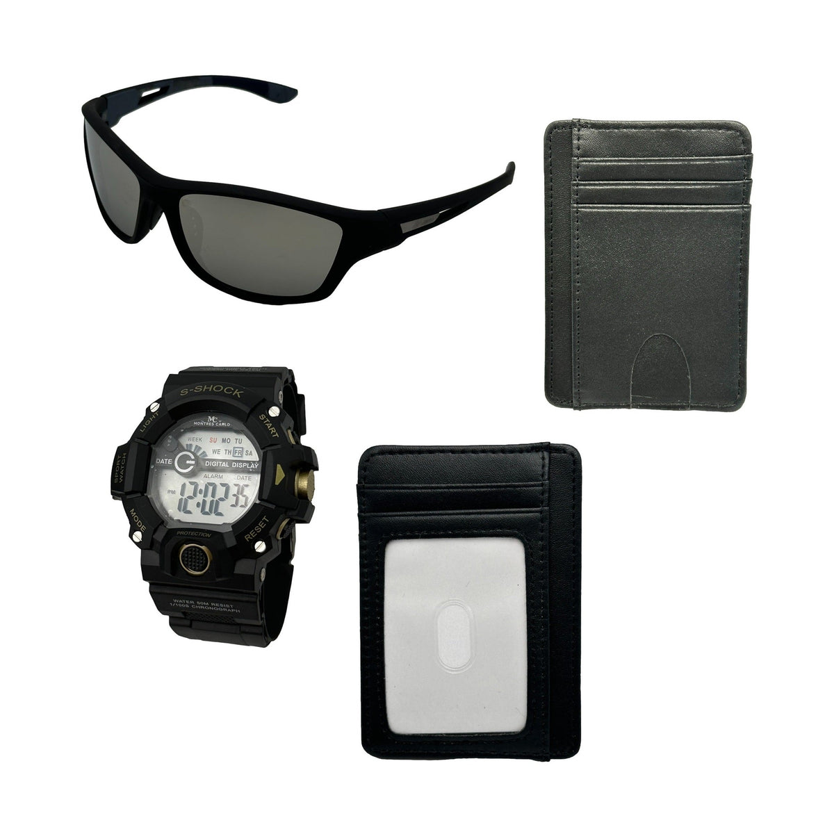 Sunglasses, digital watch, and leather cardholders.