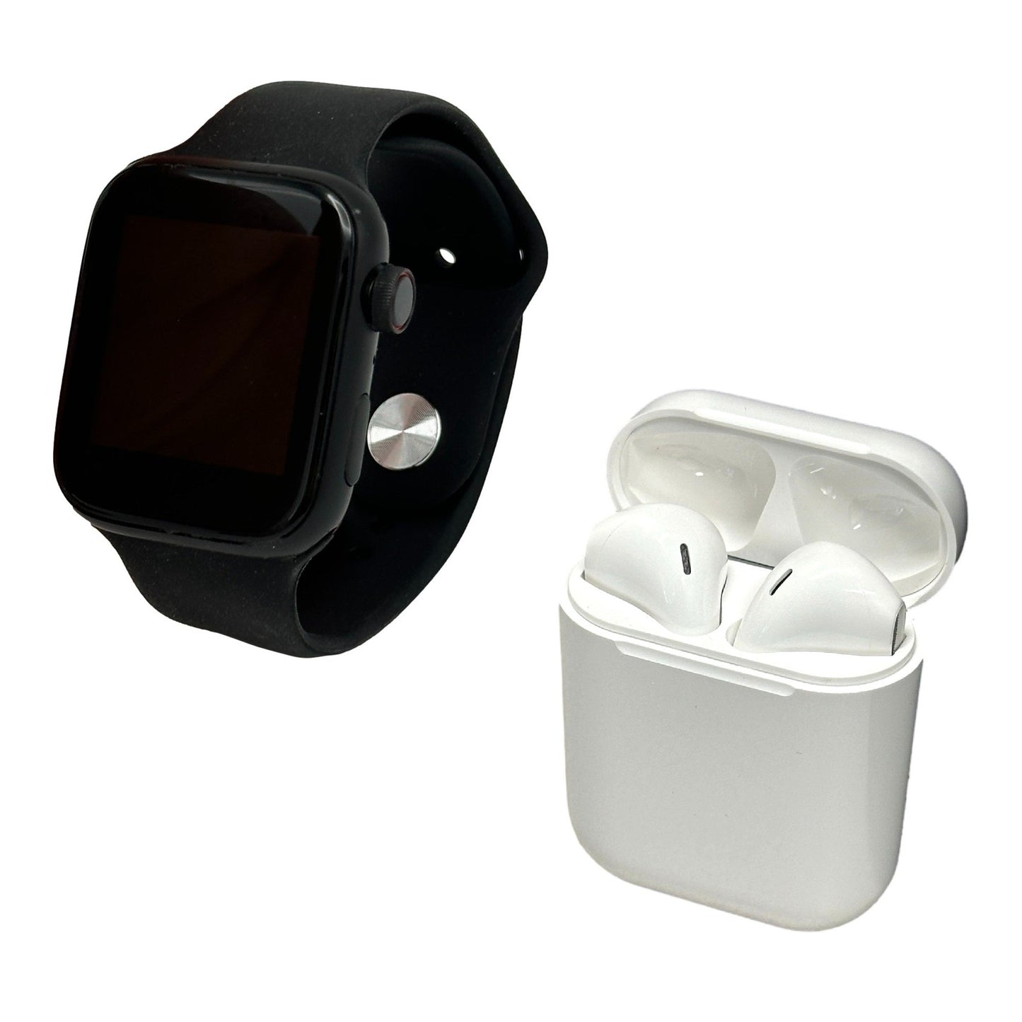 Black smartwatch and white wireless earbuds with charging case.