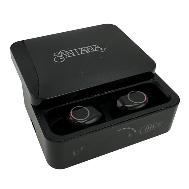 Black wireless earbuds in charging case.