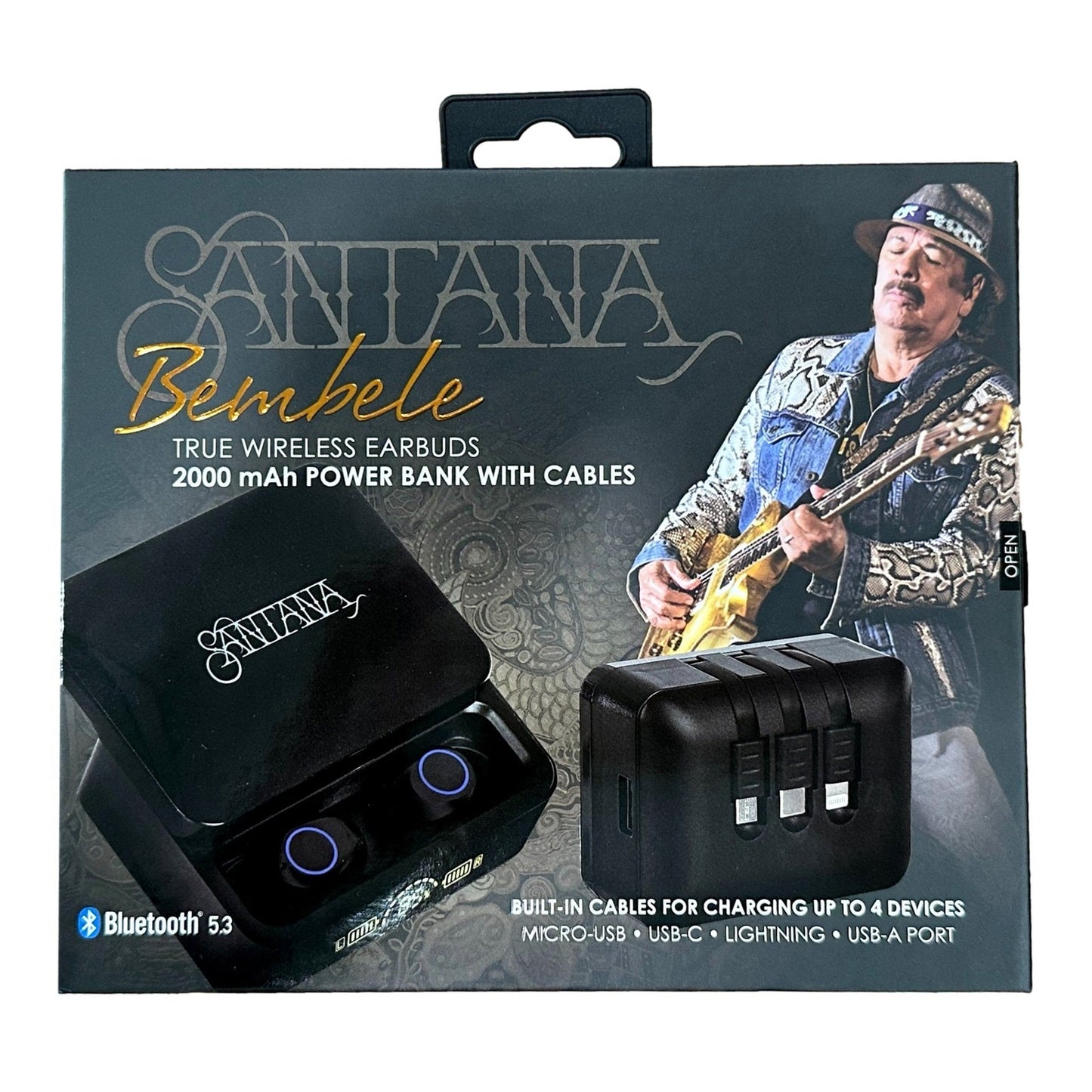 Product box with Santana branding for true wireless earbuds and power bank with cables.