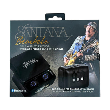 Product box with Santana branding for true wireless earbuds and power bank with cables.