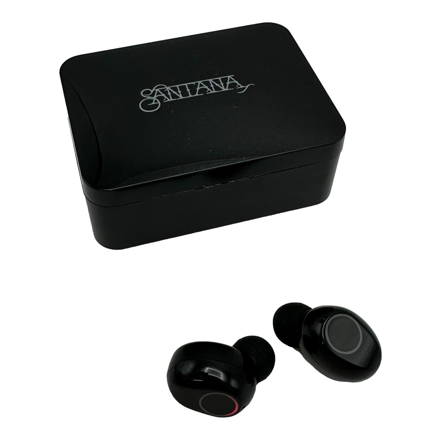 Black wireless earbuds and charging case with Santana branding.
