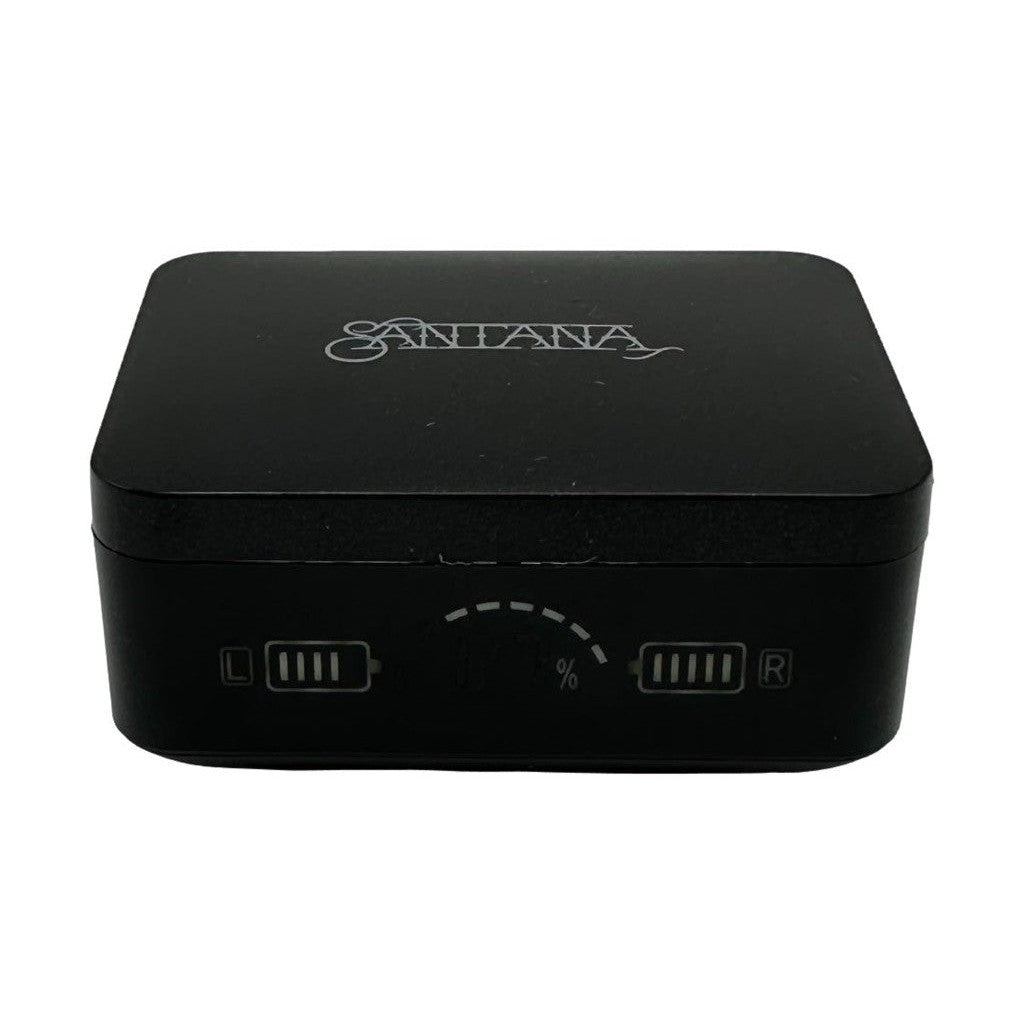 Black square electronic device with battery life indicators and "Santiana" text.