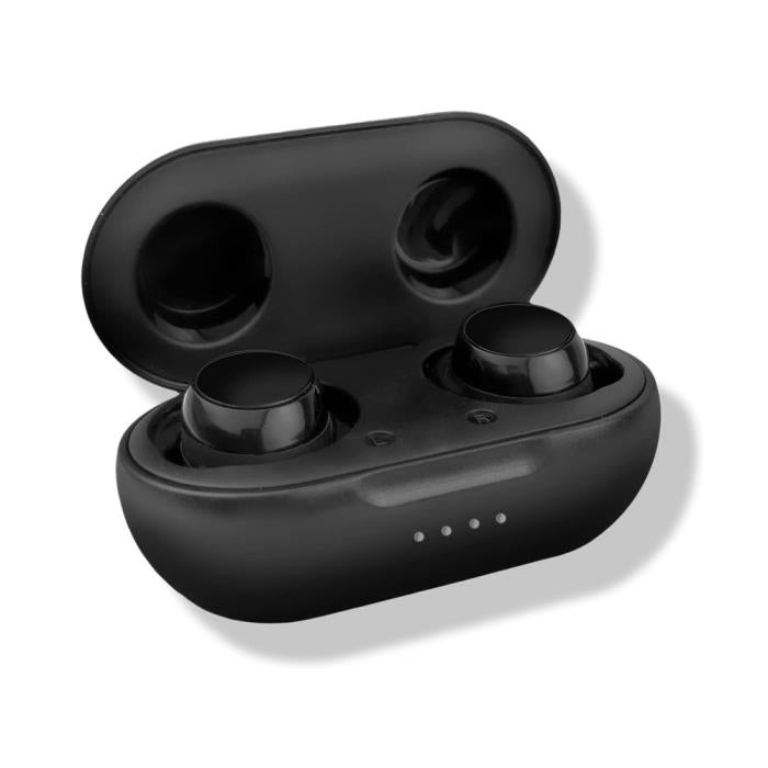 Open black wireless earbuds charging case.