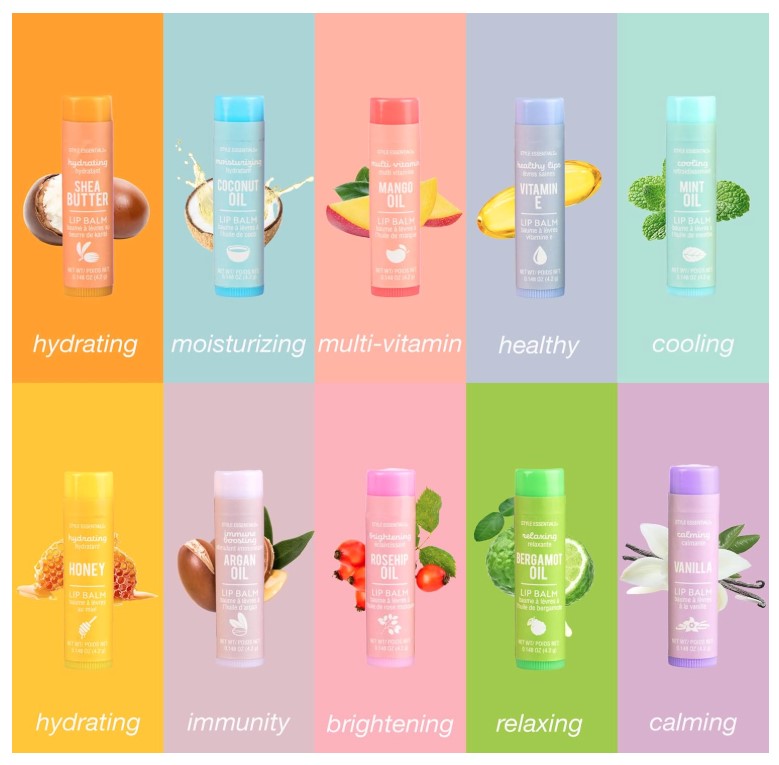 10 PC LIP BALM WITH ESSENTIAL OILS COLLECTION