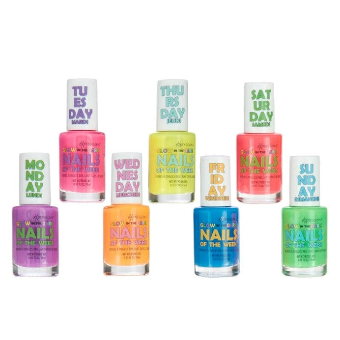 Colorful nail polish bottles labeled with days of the week.