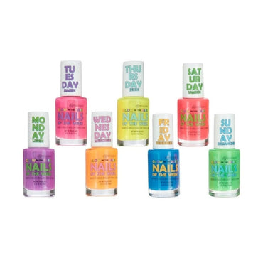 Colorful nail polish bottles labeled with days of the week.