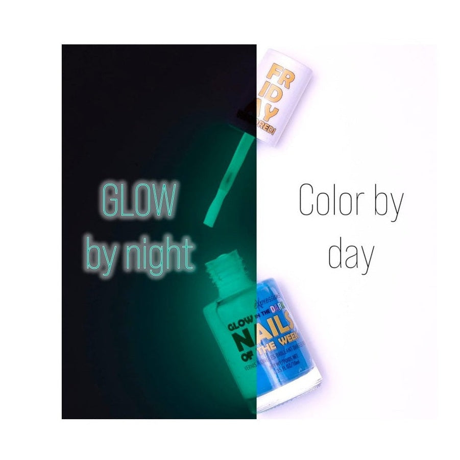 Promotional image split vertically in two, with dark side featuring glowing nail polish with text "glow by night" and light side featuring regular nail polish with text "color by day."