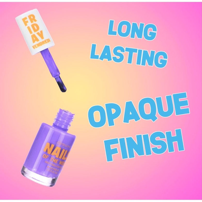 Product image featuring a bottle of lilac nail polish with an applicator, text reading "Long Lasting" and "Opaque Finish" on a pink and orange gradient background.