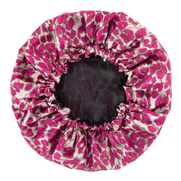 Pink and gray leopard print silk bonnet.