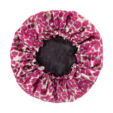 Pink and gray leopard print silk bonnet.