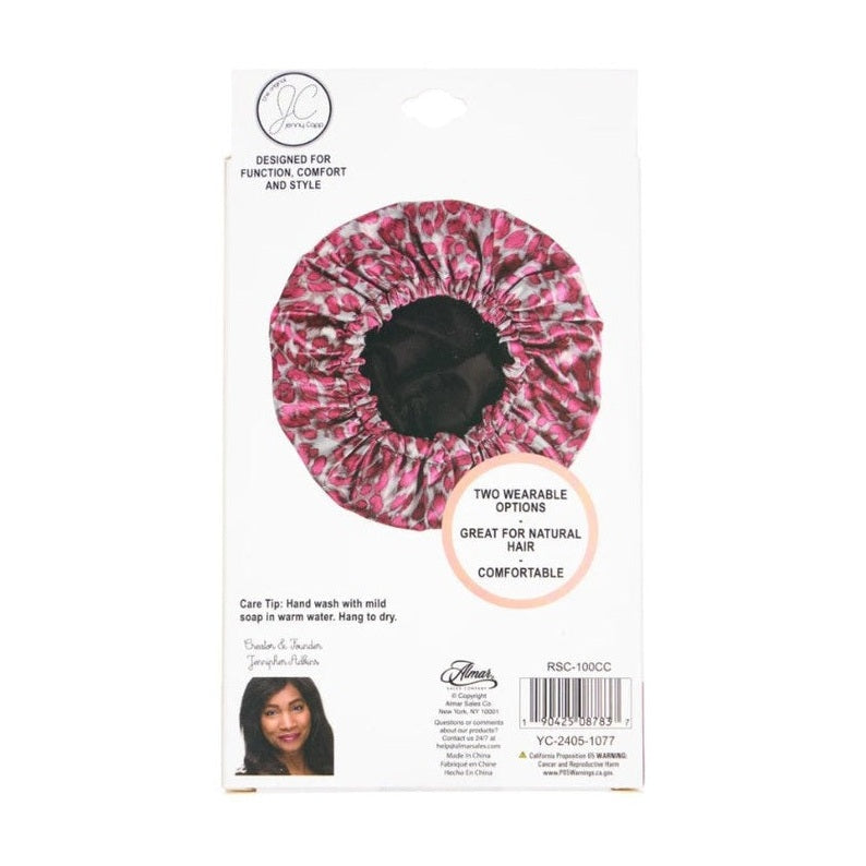 Satin hair cap with pink and white leopard print.
