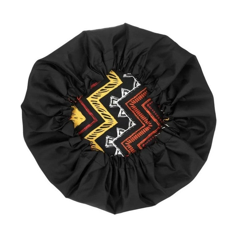 Black satin bonnet with colorful geometric print.