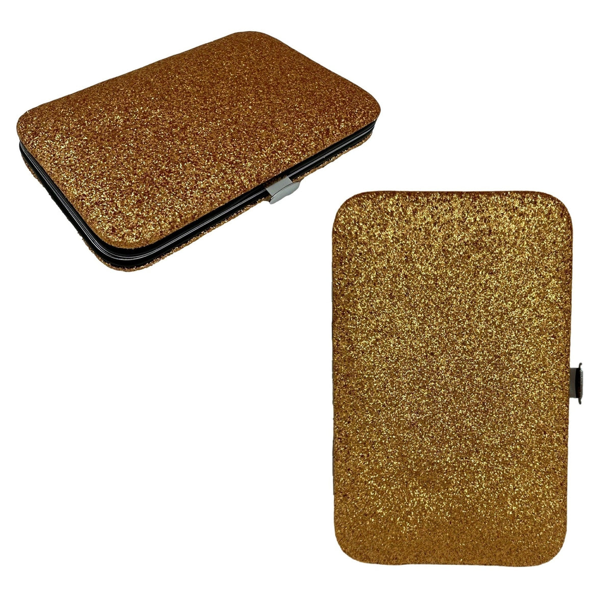 Two gold glittery wallets on a white background.