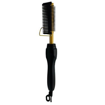 Hair straightening comb with black handle and gold accents.