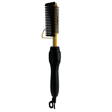 Hair straightening comb with black handle and gold accents.