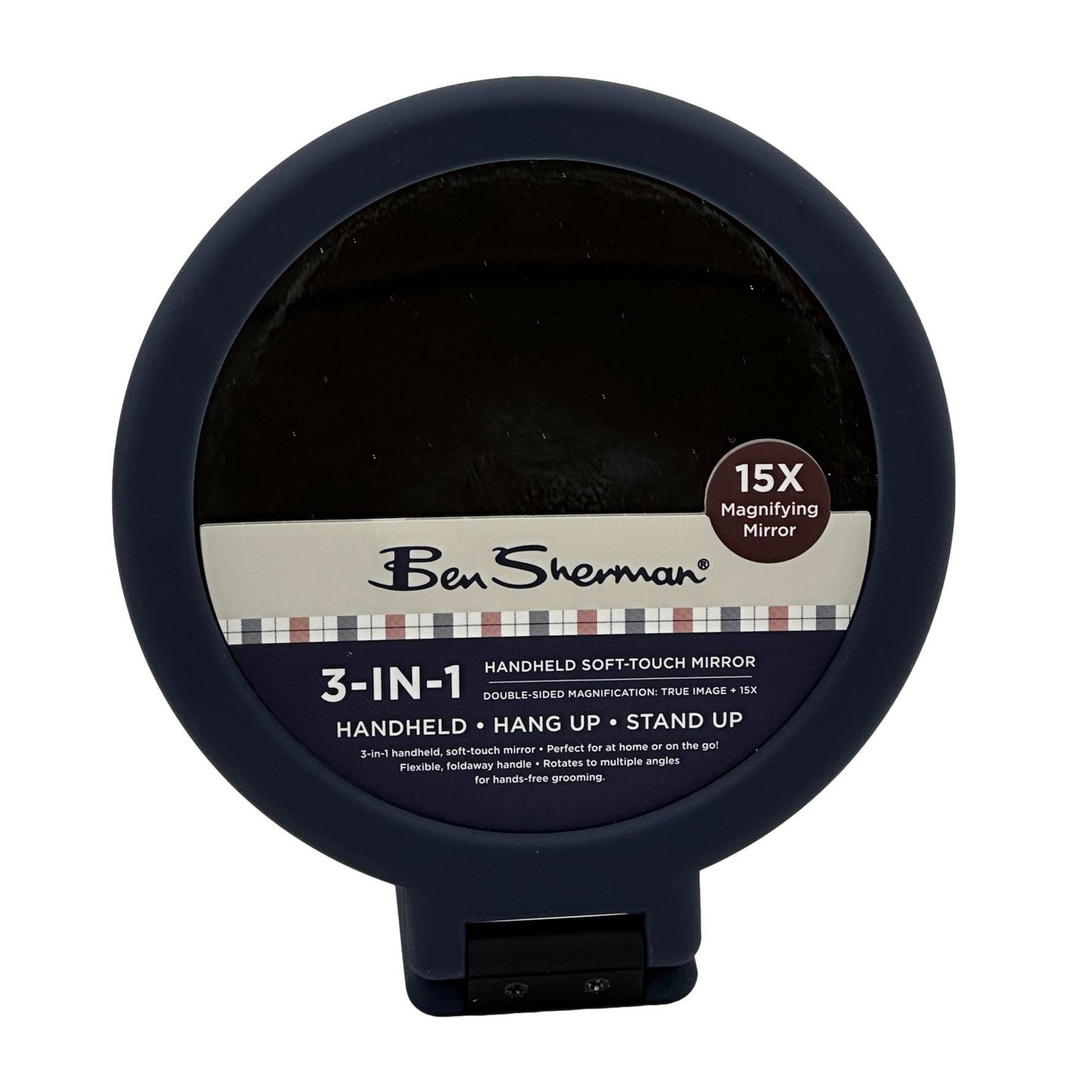 Blue, round, 3-in-1 Ben Sherman handheld mirror.