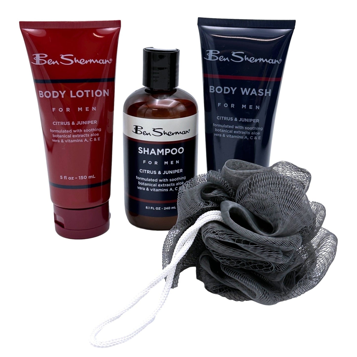 A set of Ben Sherman men's grooming products, featuring body lotion, shampoo, body wash, and a grey shower pouf.