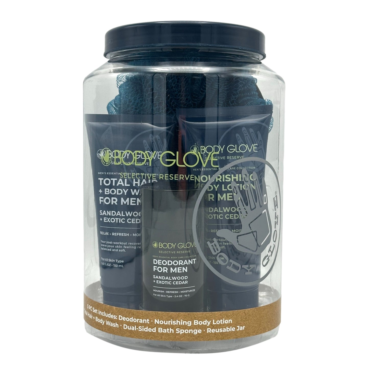 A 5-piece set of Body Glove men's toiletries in a clear jar, including deodorant, body lotion, hair and body wash, and a dual-sided bath sponge.
