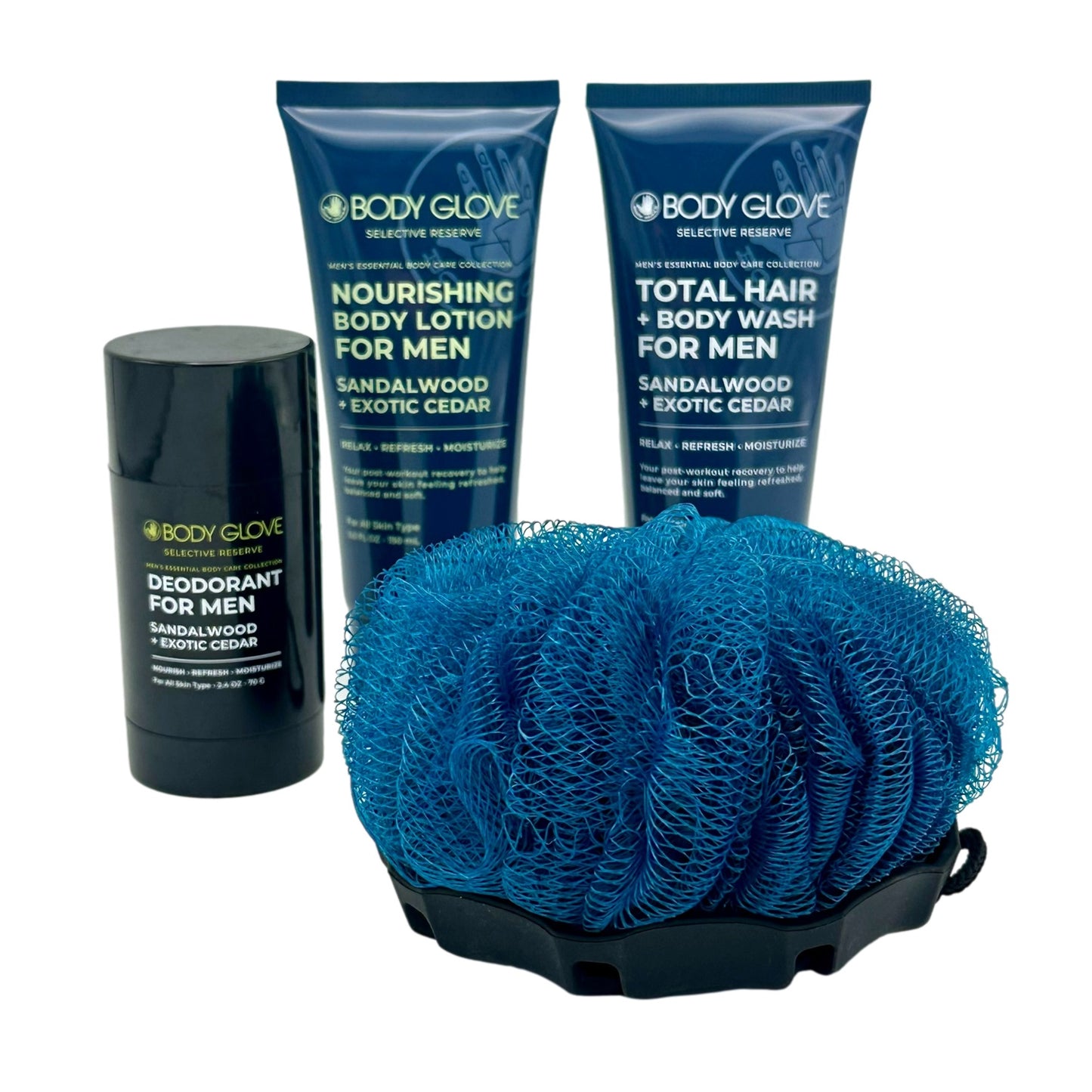 Men's grooming set with body wash, lotion, deodorant, and blue shower pouf.