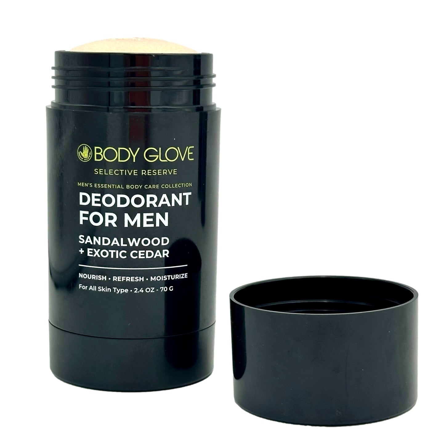 Black Body Glove deodorant stick with cap removed, showcasing the product inside.