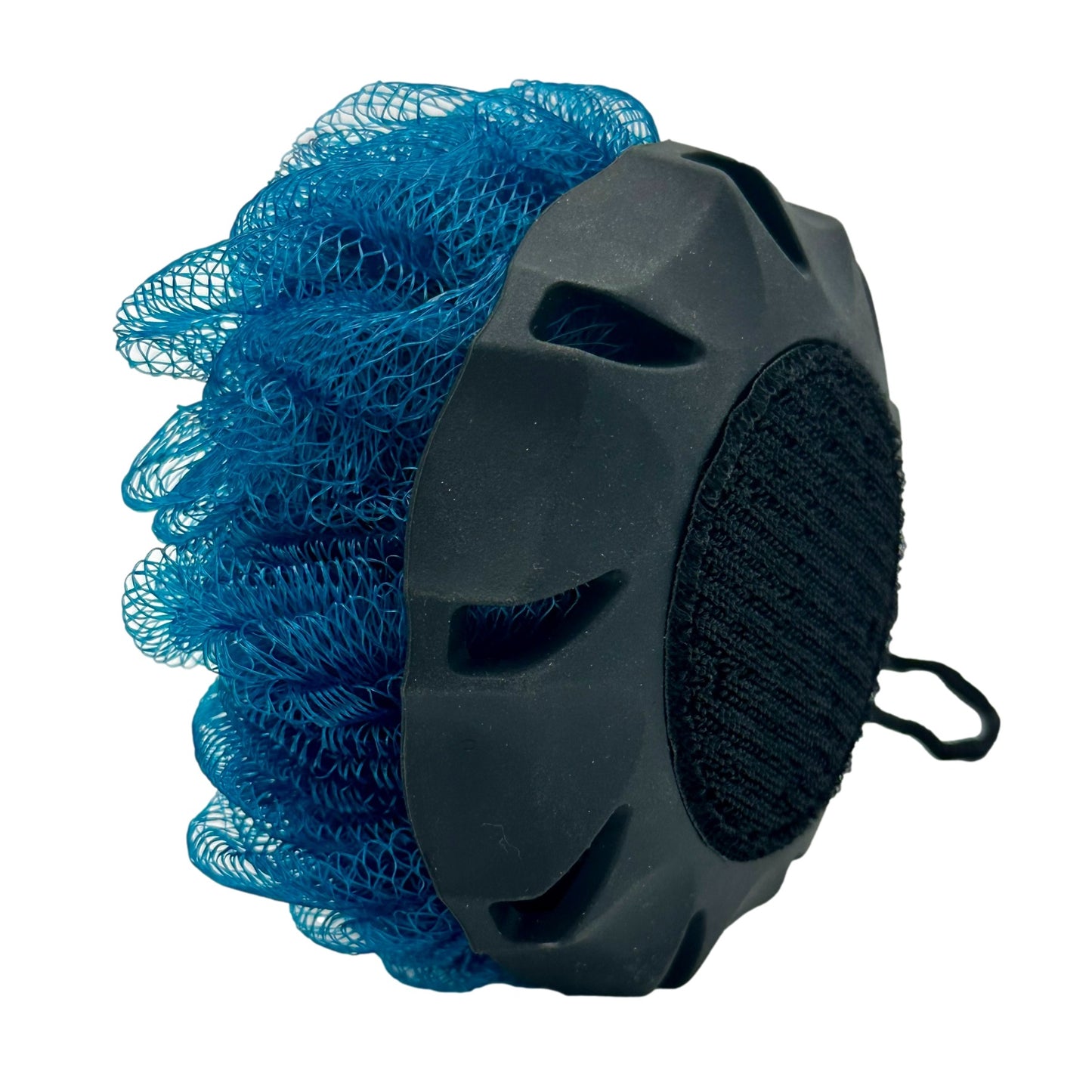 Blue mesh shower loofah with a black plastic handle.