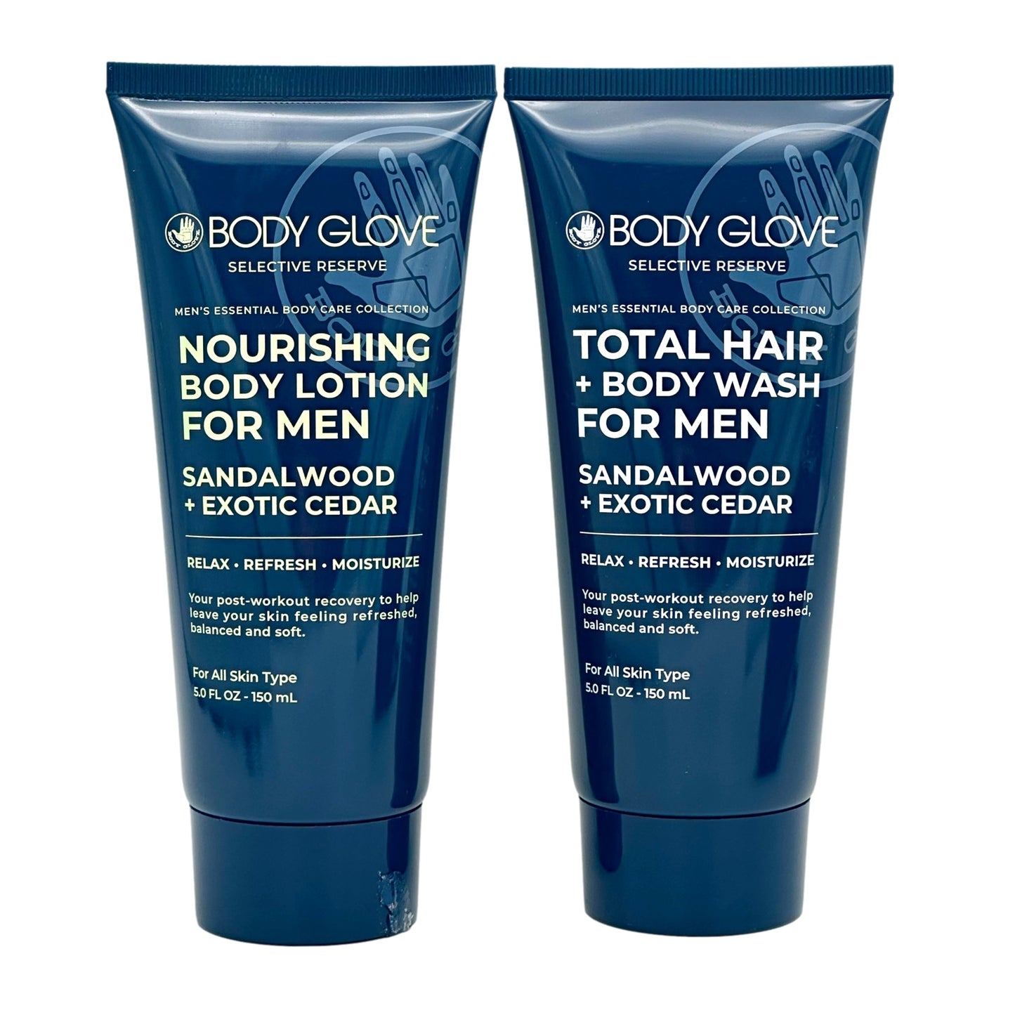 Two dark blue tubes of Body Glove men's grooming products.