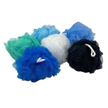 Six colorful mesh bath sponges.